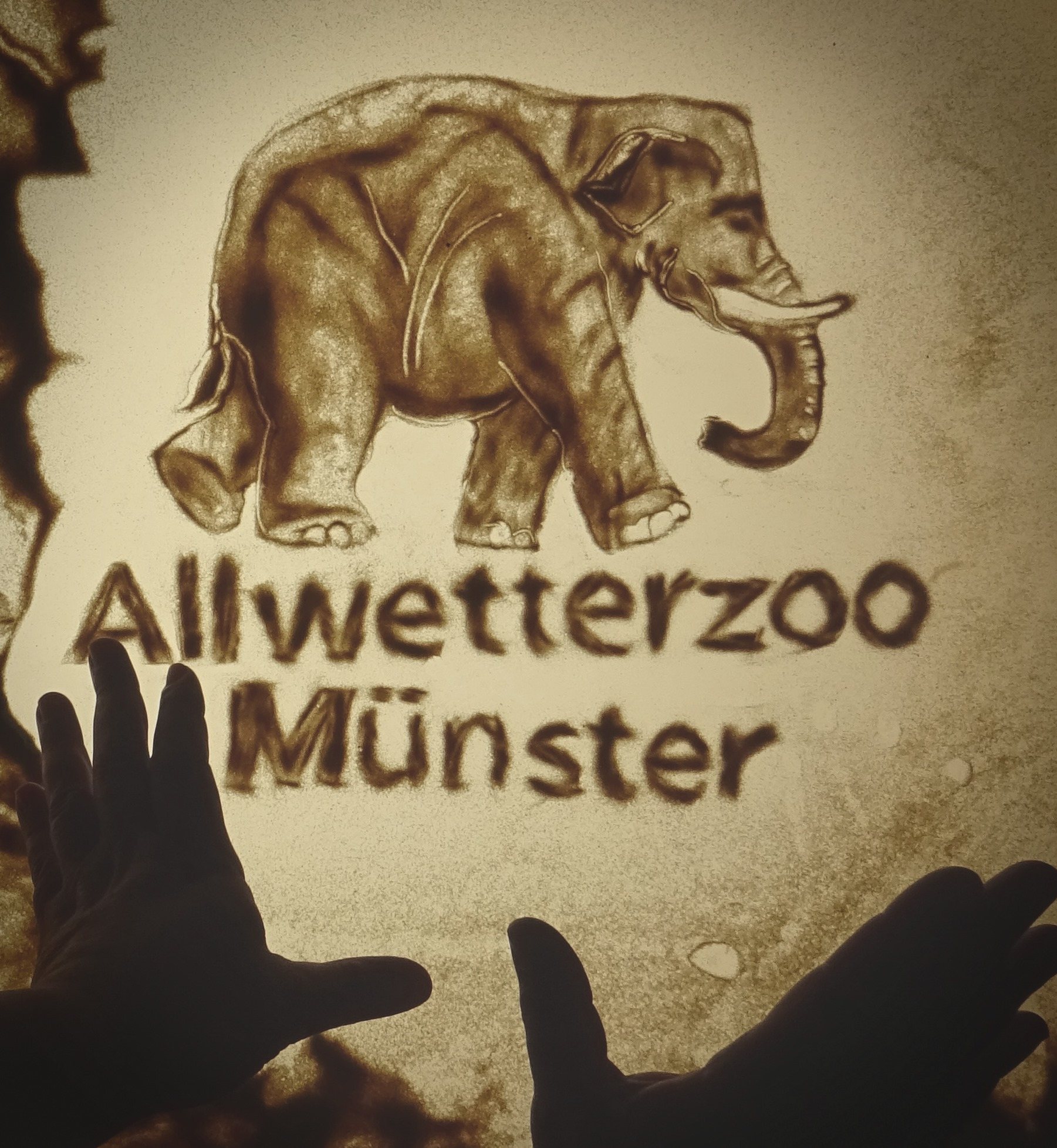 Sandbild eines Elefanten mit Schriftzug Allwetterzoo Münster, Hände im Vordergrund