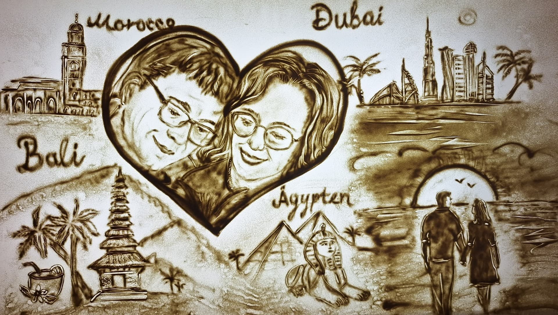 Sandbild eines Paares im Herz, umgeben von Dubai, Bali, Marokko und Ägypten